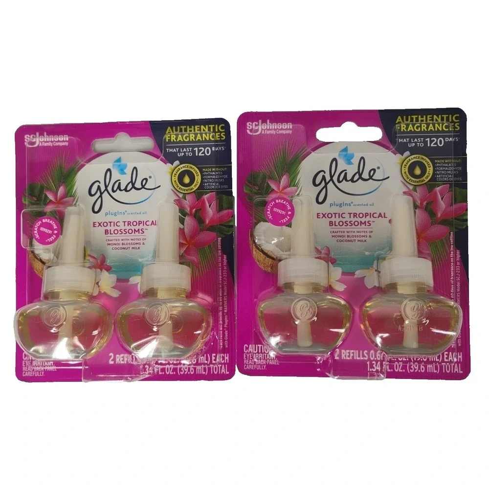 Glade PlugIns Scented Oil Refill, Exotic Tropical Blossoms 2 Packs 4 Oils In ALL